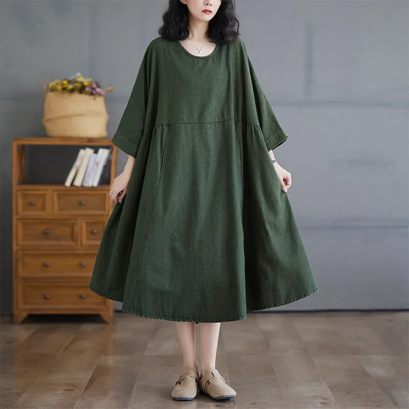 Babakud Women Autumn Retro Spliced A- Line Denim Dress Contemporary Wear