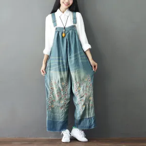 Summer Retro Floral Embroidery Strappy Denim Pants Reflective details