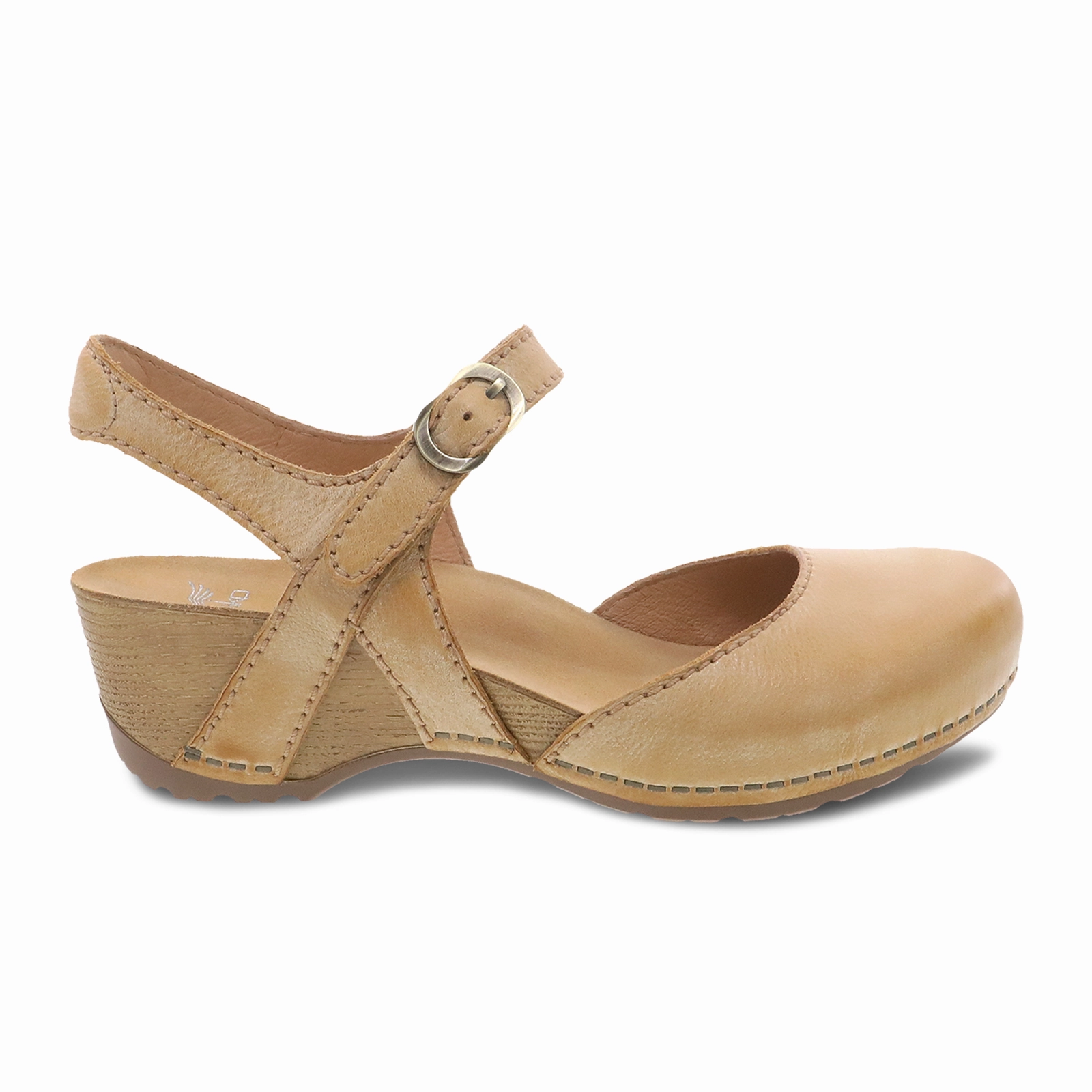 Dansko Tiffani Wedge Sandal (Women) - Tan Milled Burnished Comfort Slip-On Open Toe Design