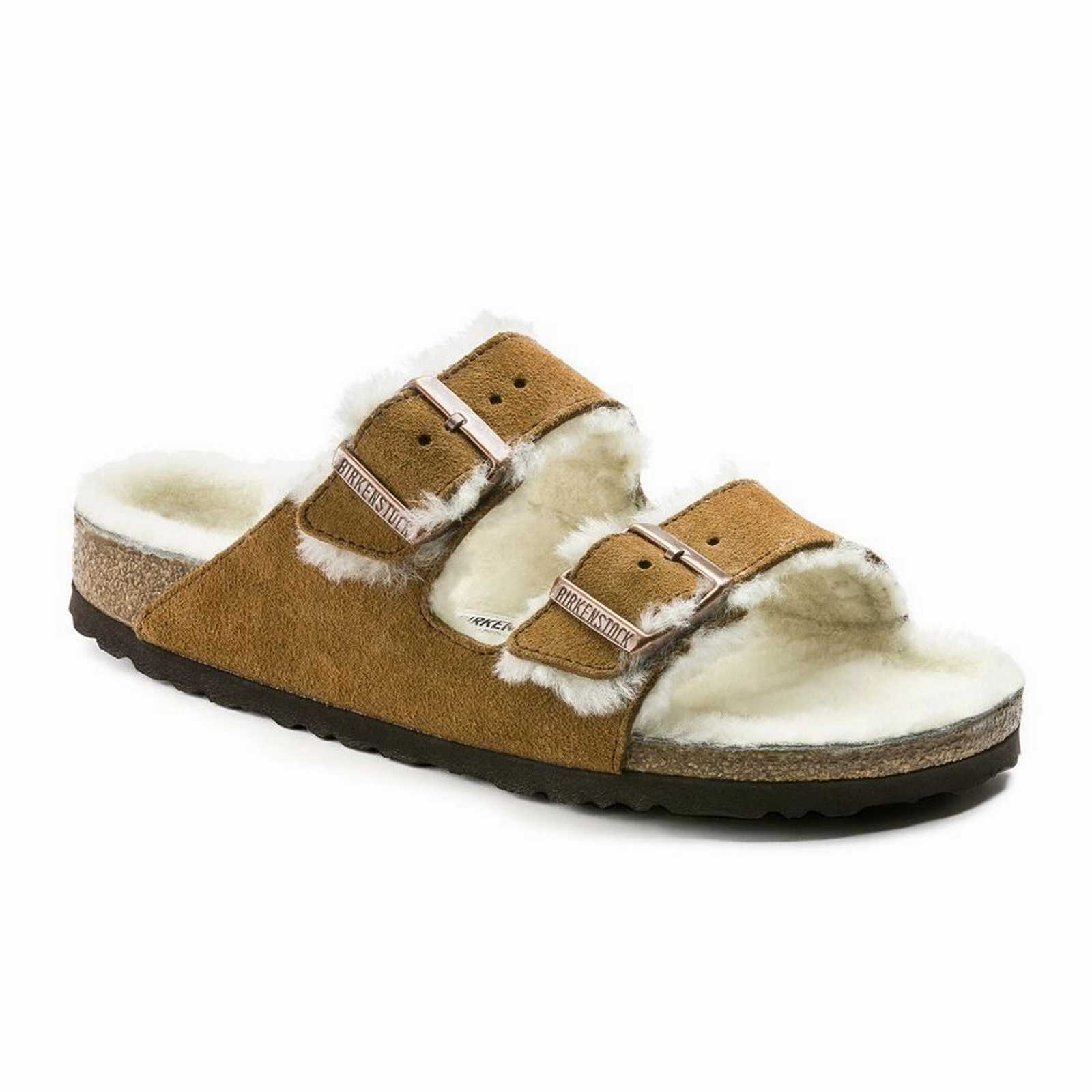 Beach Style Birkenstock Arizona Slide Sandal (Women) - Mink Suede/Natural Shearling