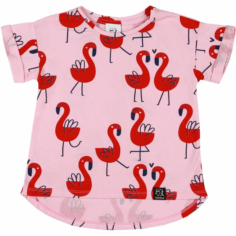 Kukukid Kids Girl T-Shirt - Pink Flamingos Cotton rich children's clothing Adjustable kids' clothing