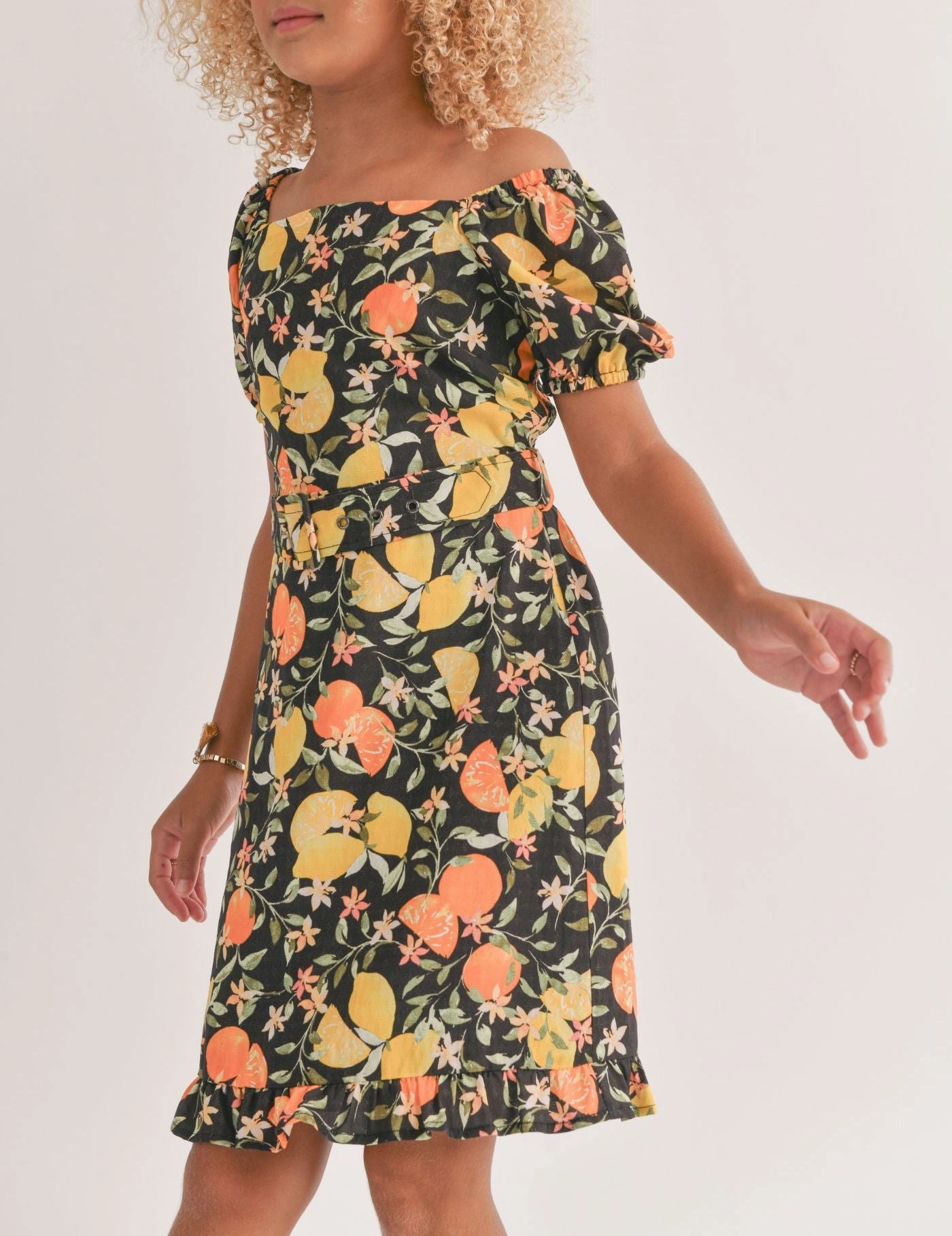 Tween Fruitful Square Neck Belted Mini Dress Multicolor