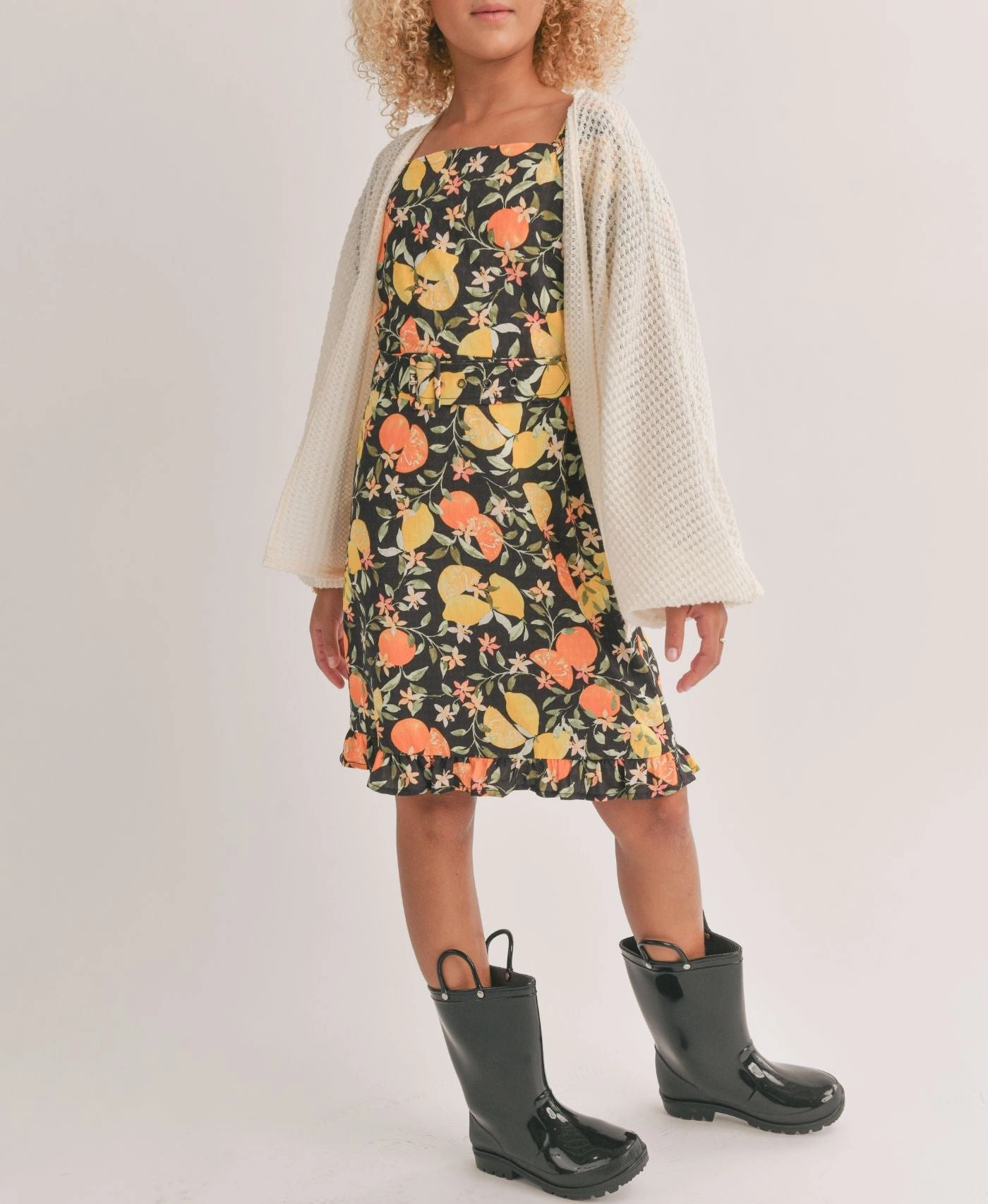 Faux - Leather Linen based outfits for children Tween Fruitful Square Neck Belted Mini Dress