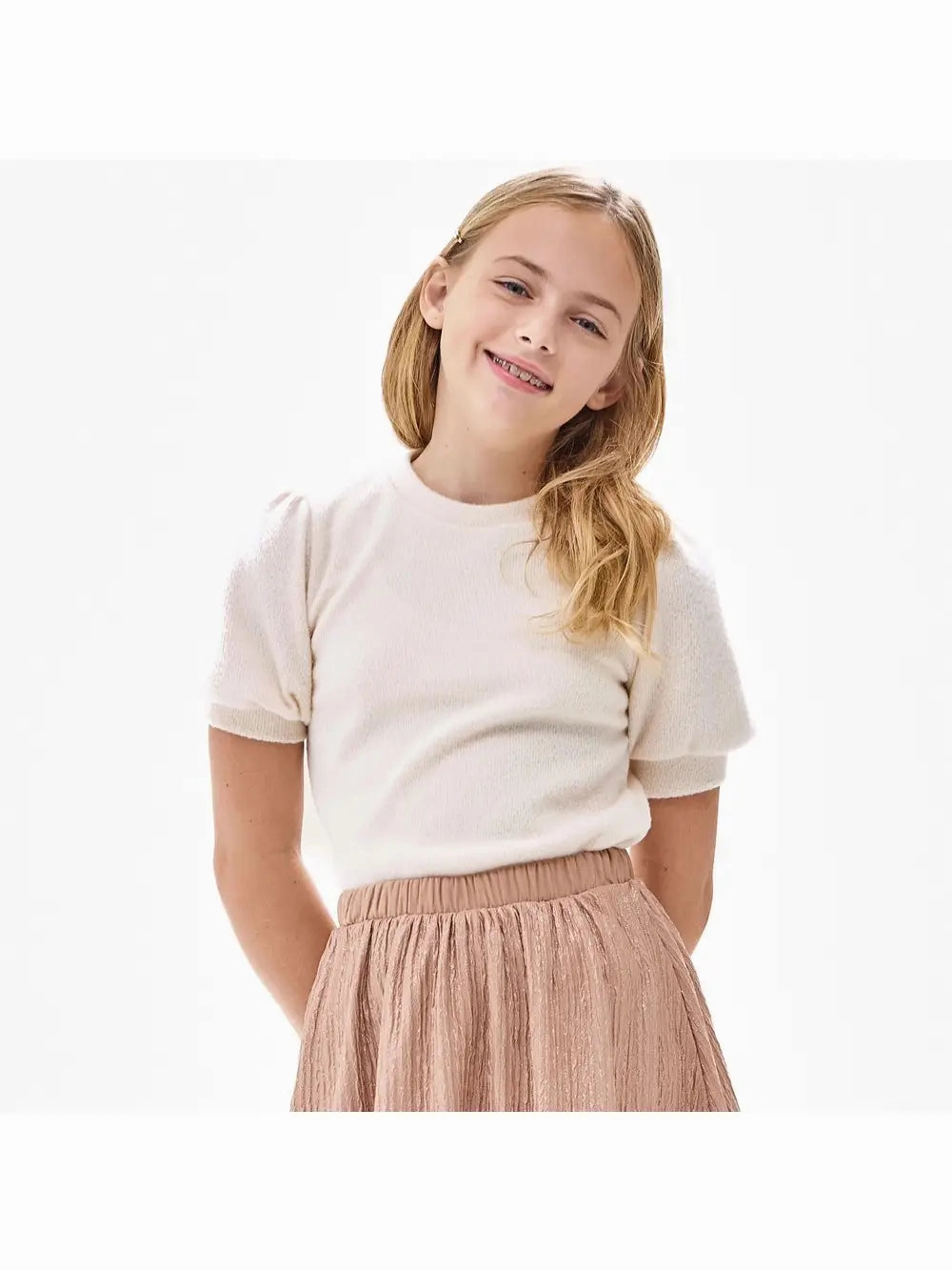 Formal kids' wear timeless Short Puff Sleeve Knit Sweater | Cream