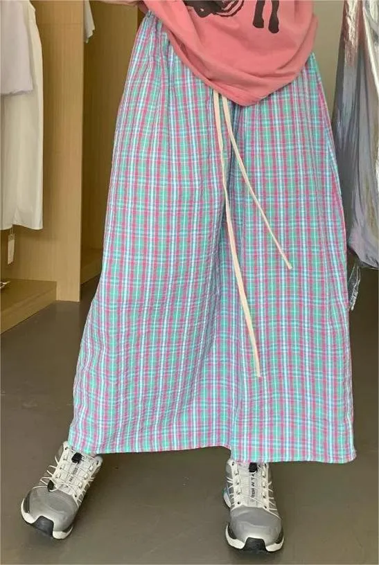 Elastic Waist Loose Colorful Plaid A-Line Skirt Adjustable drawstring