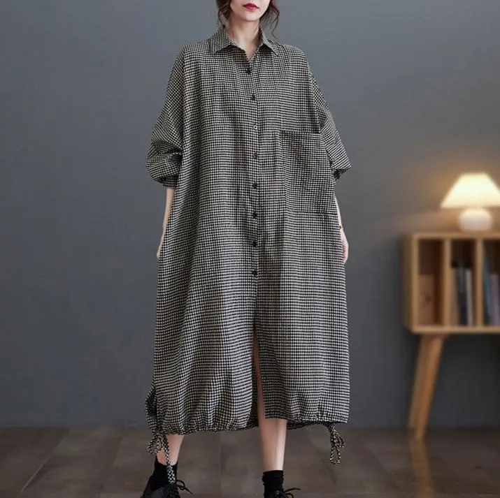 Loose Plaid Drawstring Cotton Shirt Dresses Confident Mood