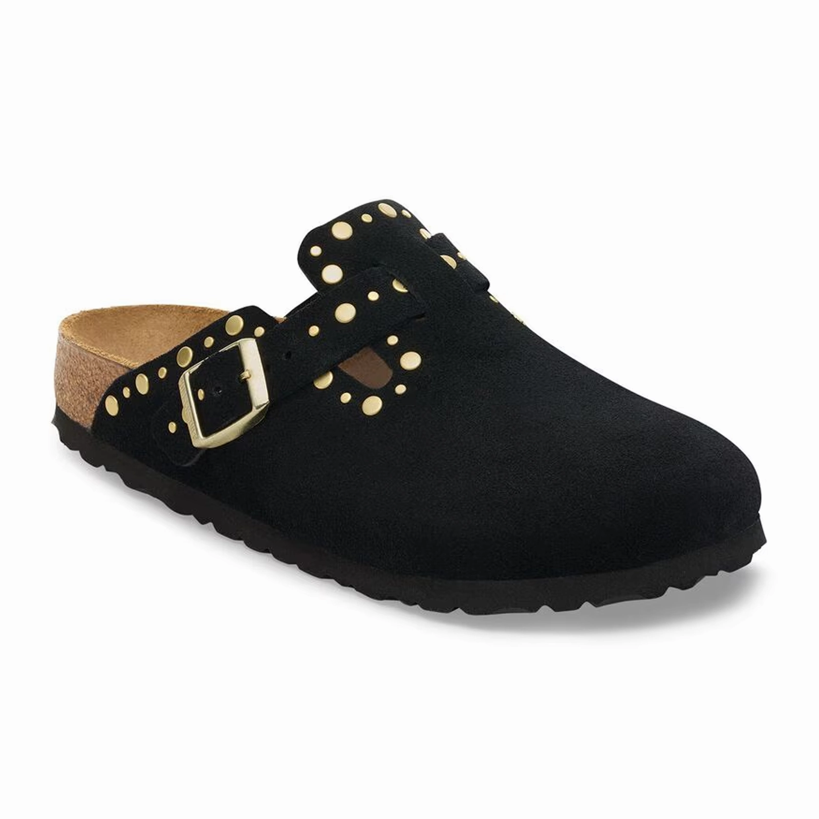 Birkenstock Boston Rivet Clog (Women) - Black Suede Morning Stroll Tall Frame