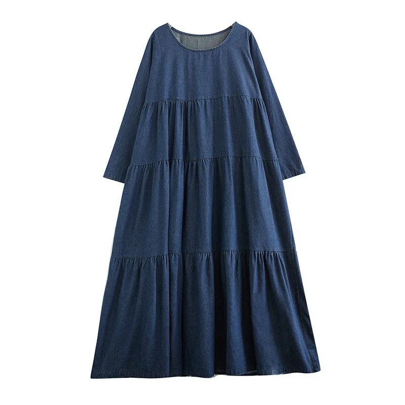 Tear-resistant Flowy summer gown Babakud Women Autumn Retro Casual Loose A- Line Denim Dress