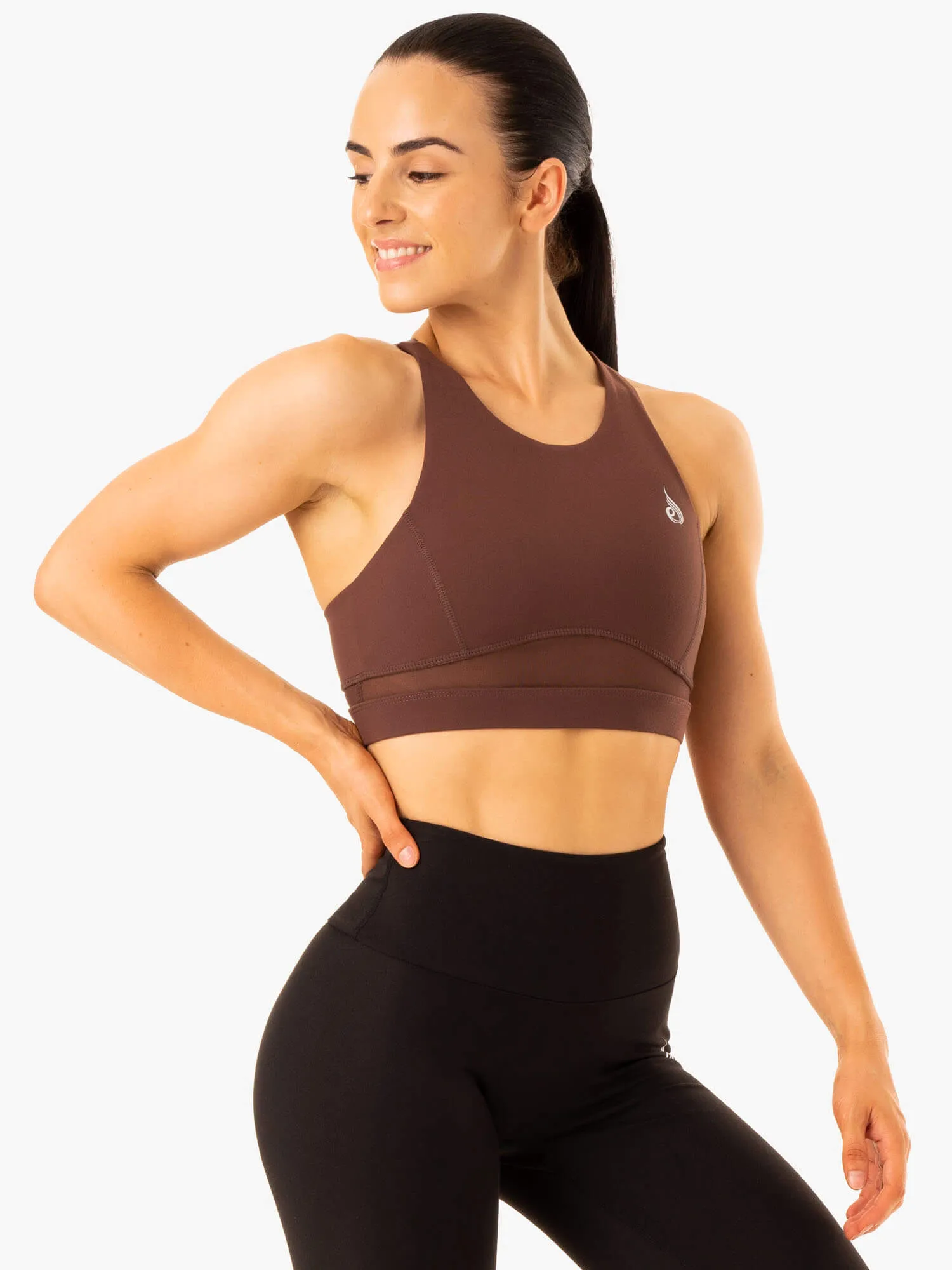Double stitching Hemmed edges Amazon Mesh Sports Bra - Chocolate