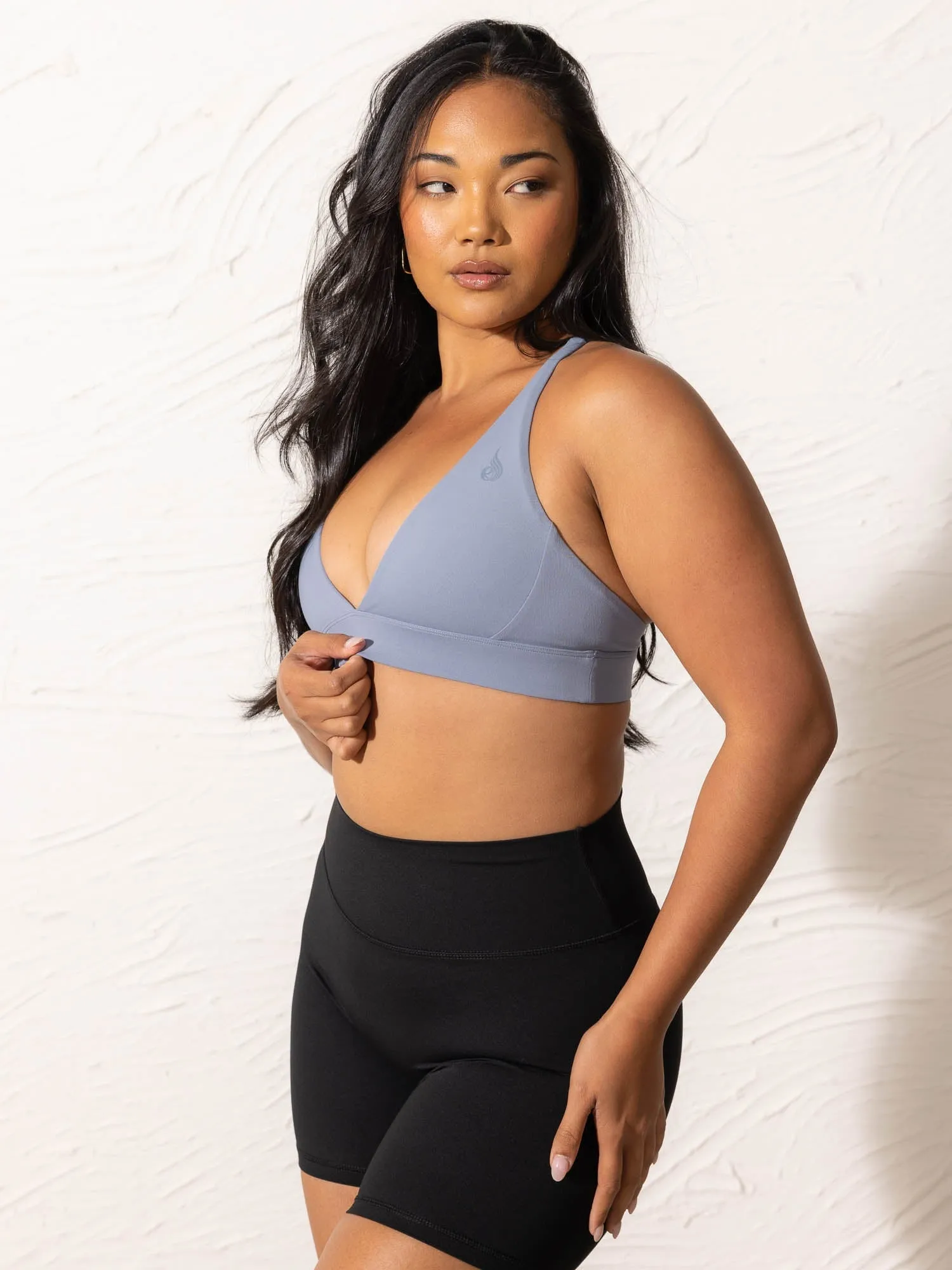 NKD Low Neck Sports Bra - Denim Blue Satin Ribbed Cuffs