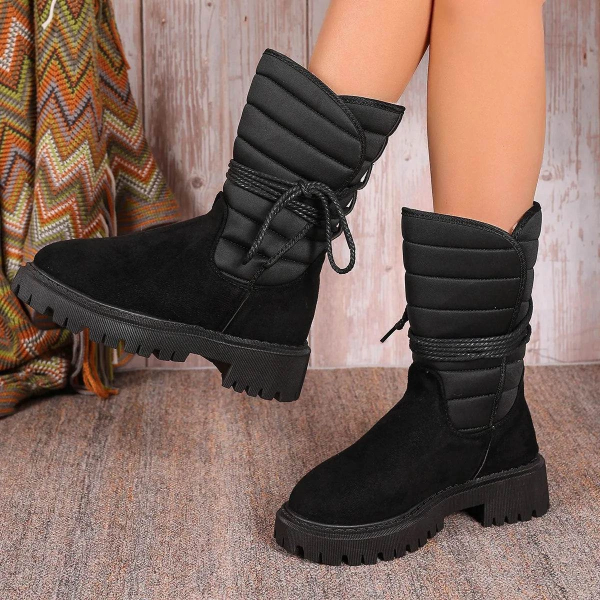 Chilly Snow Treks Fashion Mid-calf Snow Boots With Lace-up Design Winter Warm Thickened Low-heeled Boot Women's Casual Shoes Outdoor
