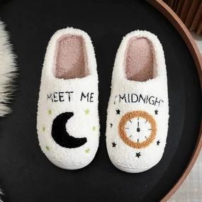 Snowy Trekking Frozen Path Protection Fashion Moon And Clock Print Home Slippers Winter Warm Floor Bedroom House Shoes For Women