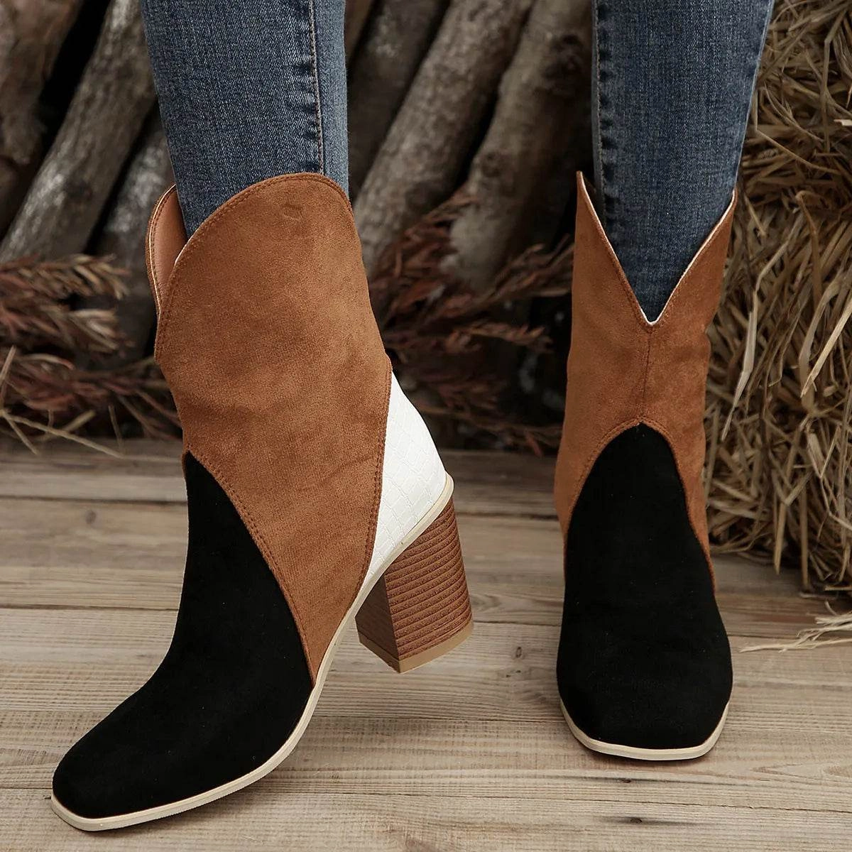 Fashion Splicing Suede Boots Retro Pointed-toe Square High Heel Mid-calf Boots For Women Fall And Winter Shoes Snow Stylish Cold Terrain Protection