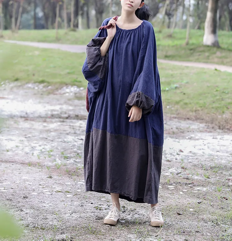 Casual Puff Sleeves Drawstring Color Block Cotton Linen Dresses Nature Inspired