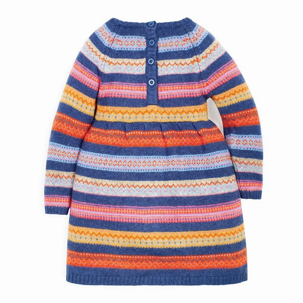 Jojo Maman Bebe Girls' Indigo Fair Isle Stripe Dress Anti - Bacterial