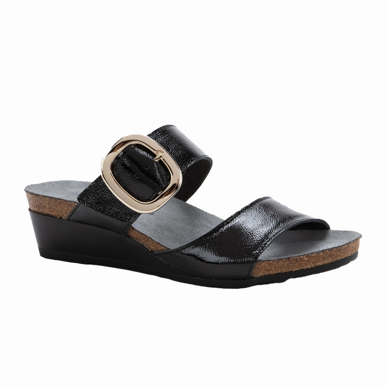 Relaxed Beach Walk Naot Magic Wedge Sandal (Women) - Black Crinkle Patent Leather