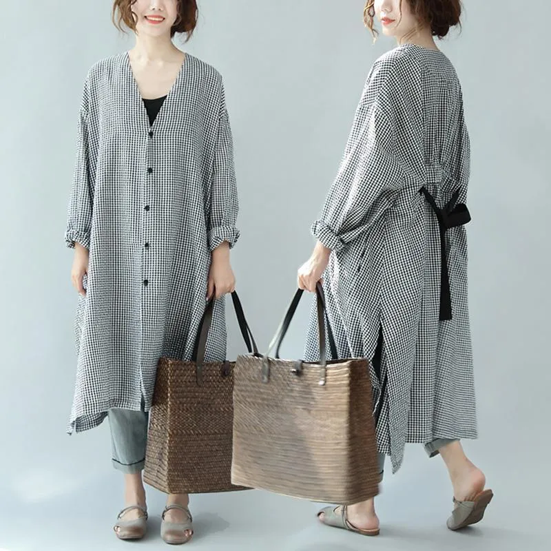 Spring Linen Plaid Casual Loose Long Shirt Dress For Women FlexibleRibbing