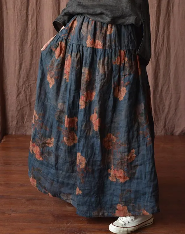 Printed Ruffled Flowy A- Line Ramie Midi Skirts Vibe Shot