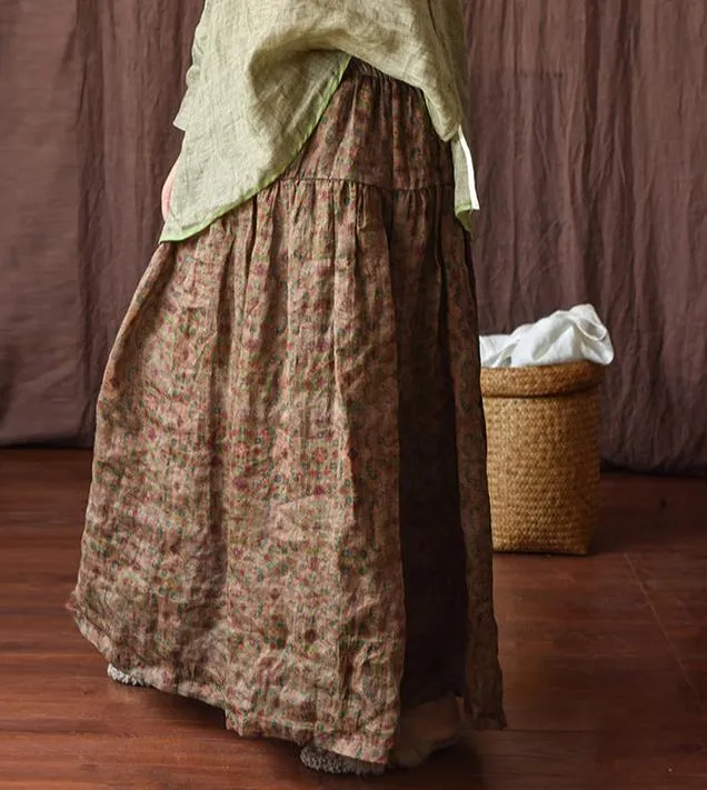 Matte Texture Printed Ruffled Flowy A- Line Ramie Midi Skirts