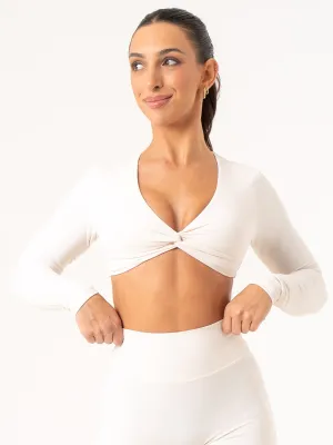 Curved Hem Design Durable Hem Stitching NKD Knot Long Sleeve Top - Off White