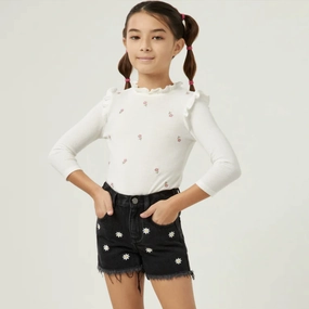 Floral Embroidered Frayed Denim Shorts Seasonal Camouflage wear for kids