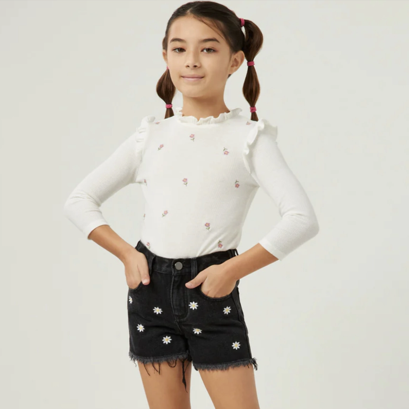 Floral Embroidered Frayed Denim Shorts Seasonal Camouflage wear for kids