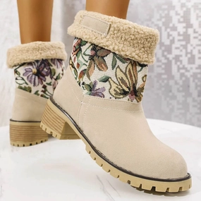 Flowers Embroidered Snow Boots Ethnic Style Platform Thick Square Heel Mid-tube Boot Winter Warm Cotton Shoes For Women Snow Outdoor Expedition Snow protection