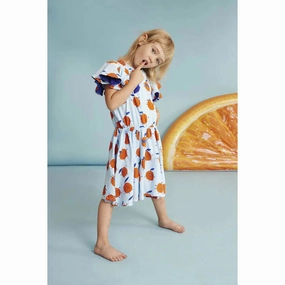Peaceful Kukukid Kids Girl Pompom Dress in Light Blue Oranges