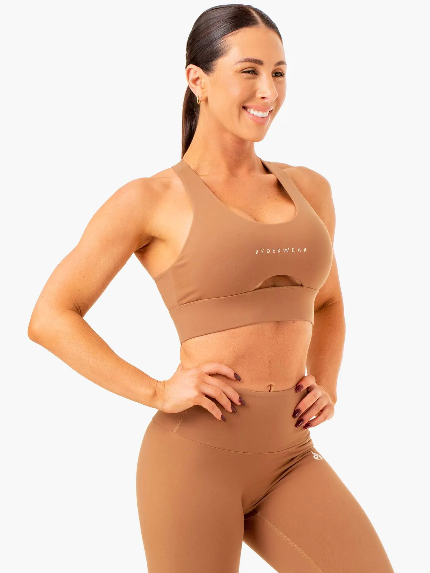 No seams Front Zip Closure Focus Contour Sports Bra - Mocha