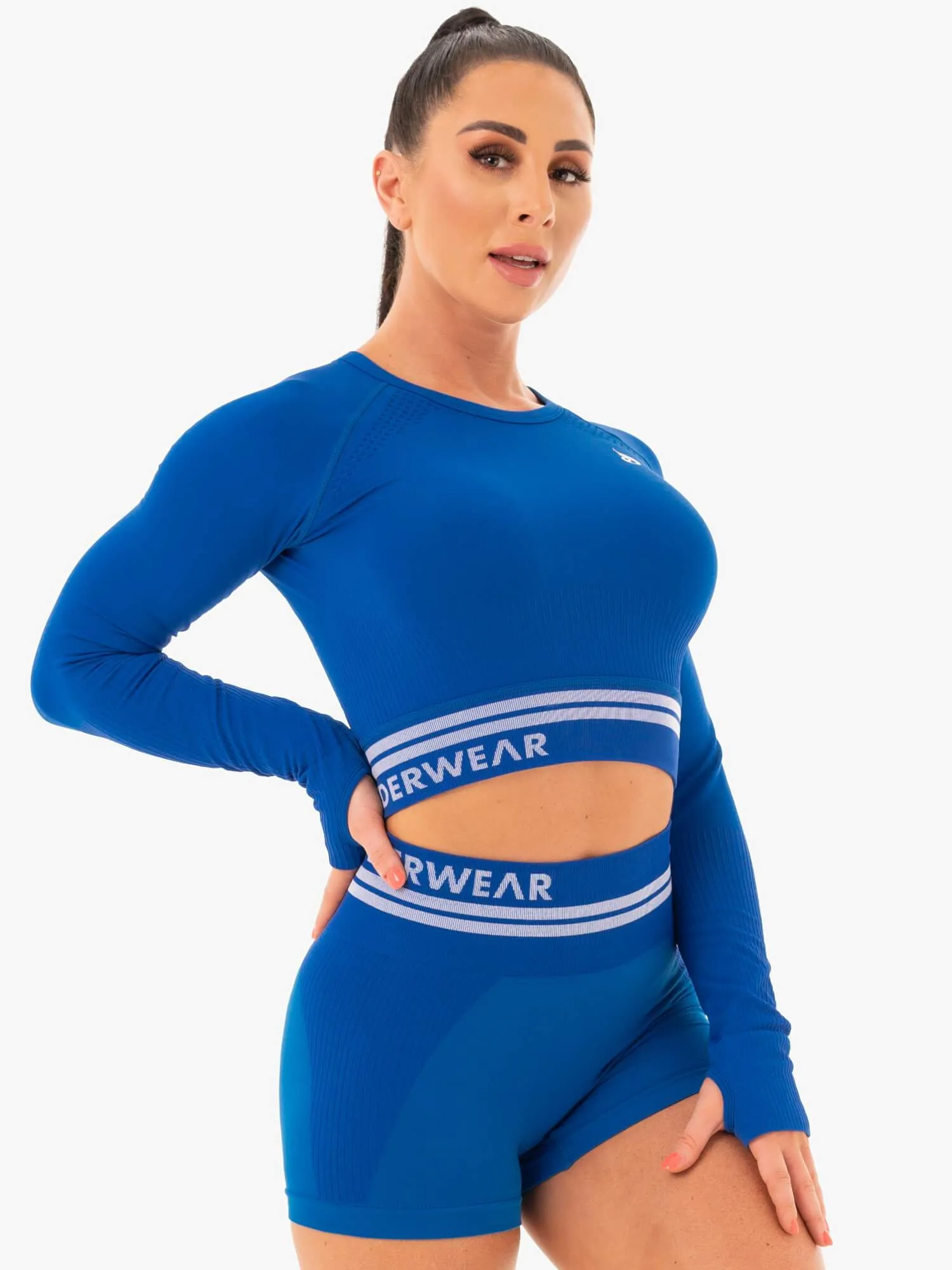 Flex Fit Shoulder Construction Two Tone Texture Effect Freestyle Seamless Long Sleeve Crop - Blue