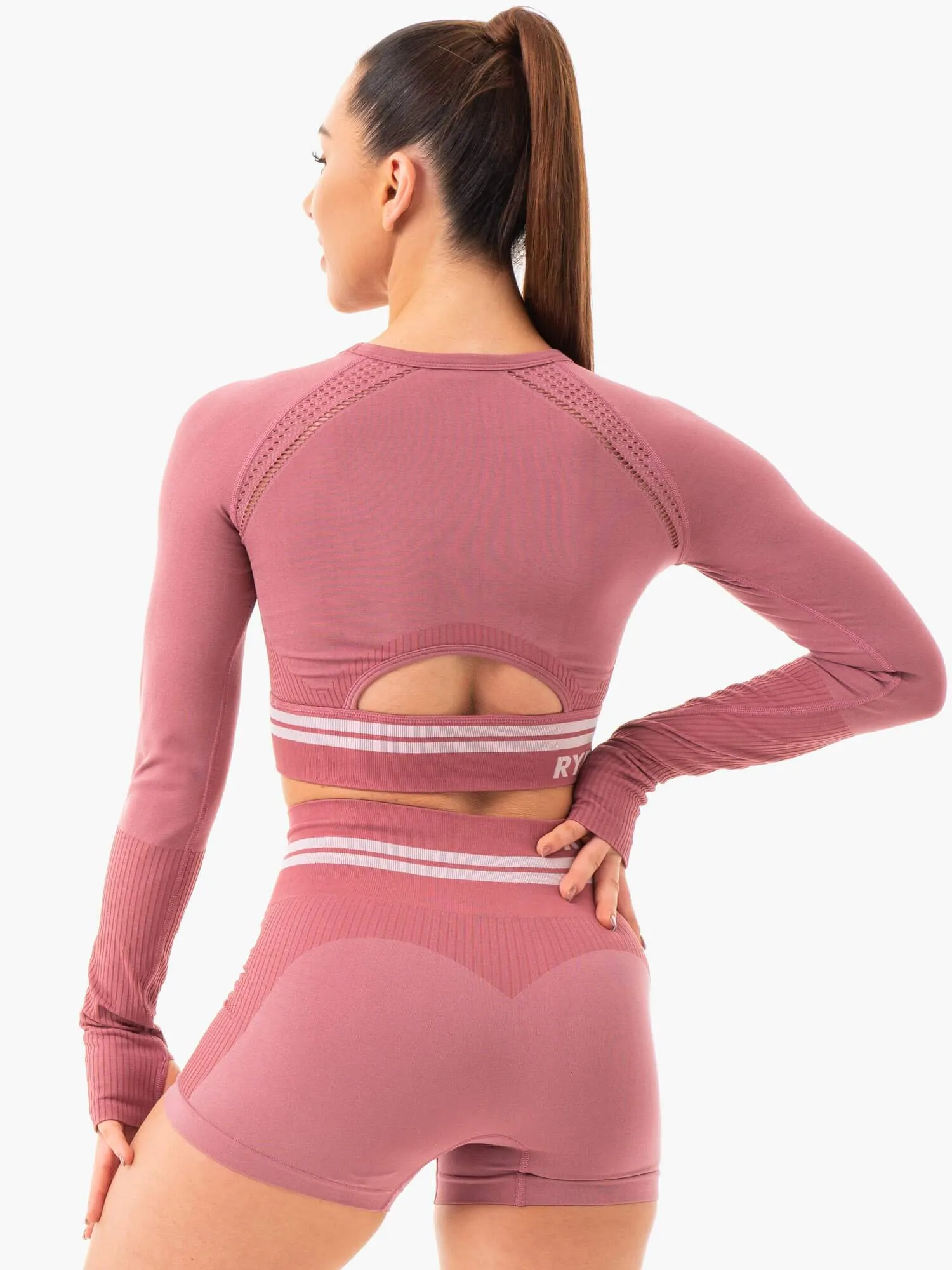 Freestyle Seamless Long Sleeve Crop - Dusty Pink YarnDyeStripe Trendy Cardigan