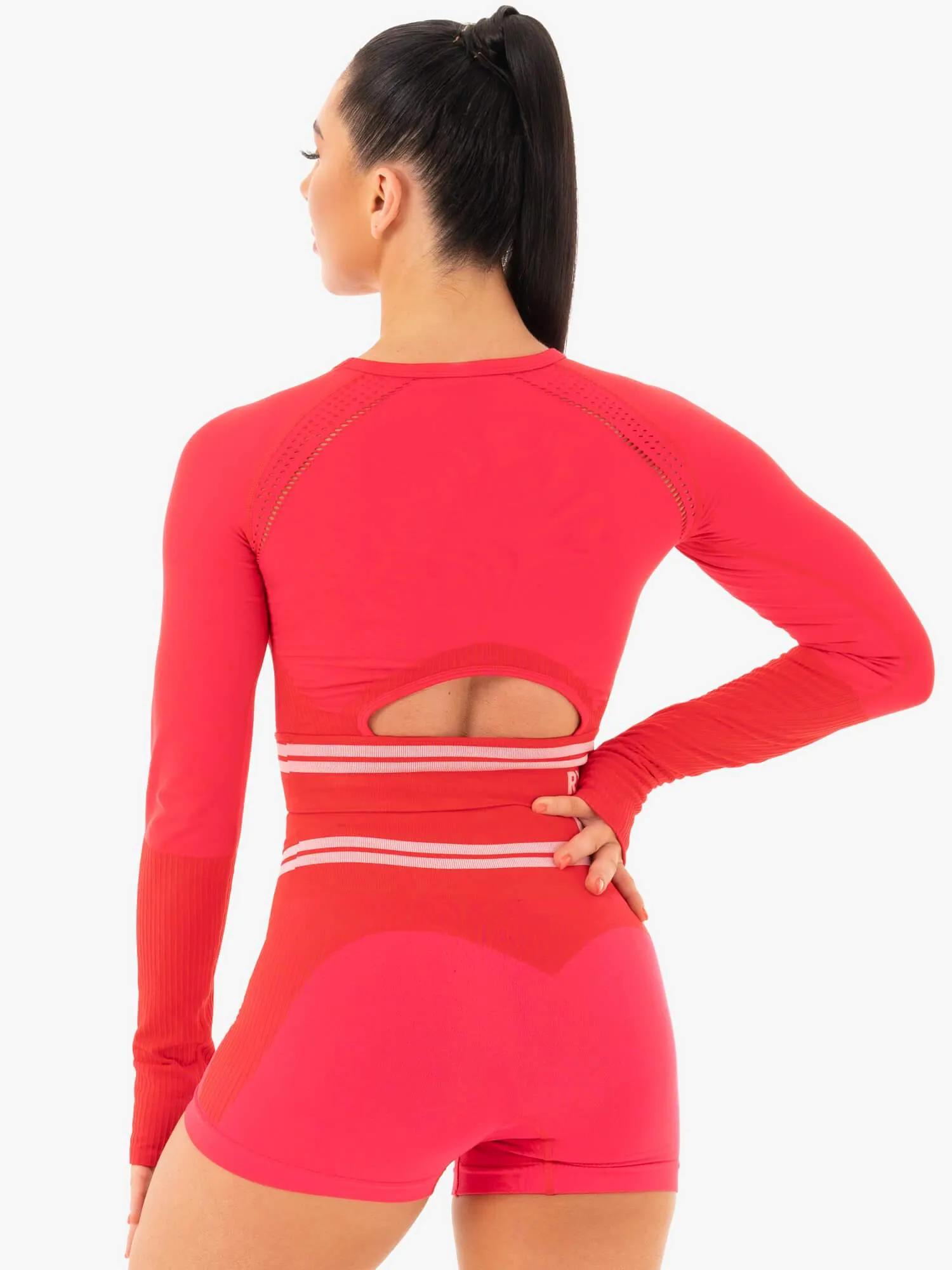 NonPill Surface Treatment Elastic Edge Binding Freestyle Seamless Long Sleeve Crop - Red