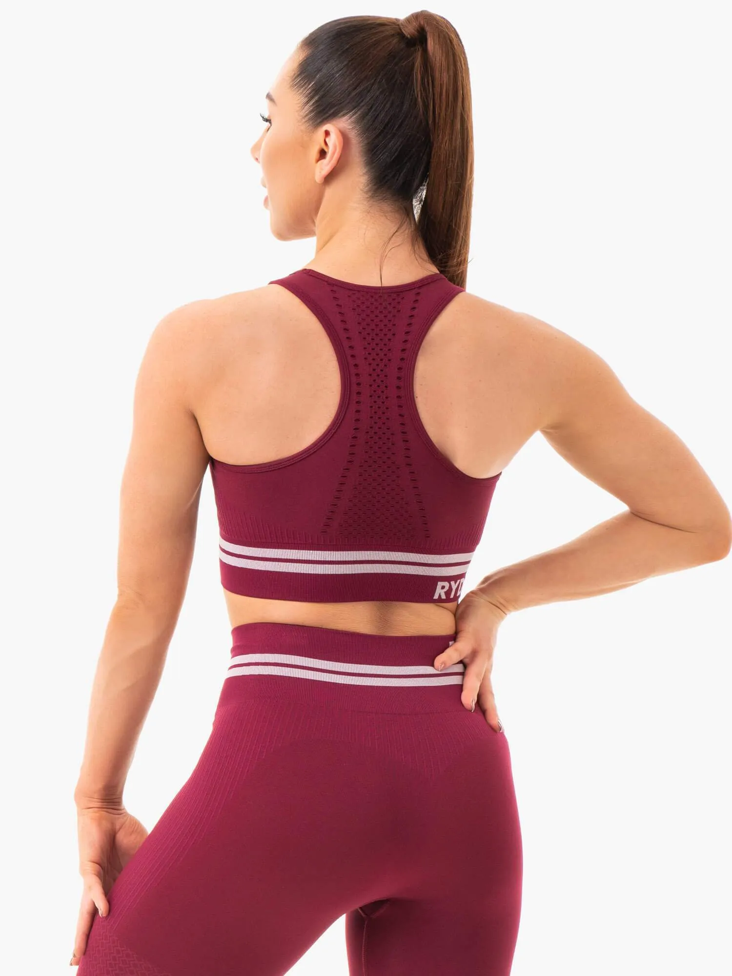 Laser Cut Edges Tension Distribution Weave Freestyle Seamless Longline Sports Bra - Burgundy