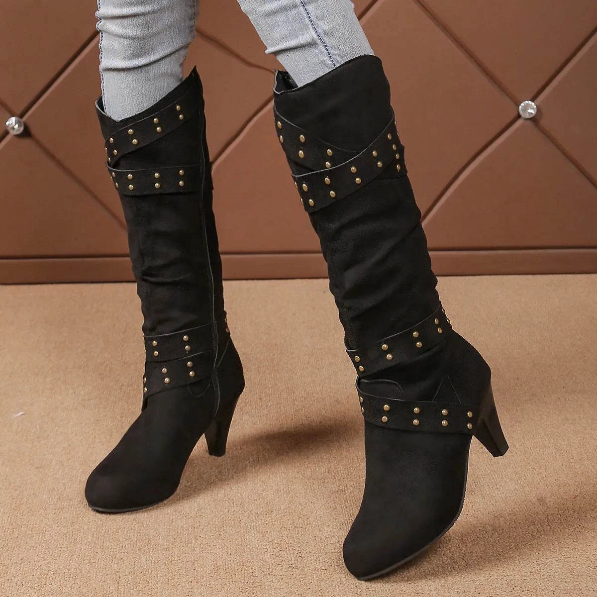 Fashion High Heel Boots With Cross-strap Rivet Design Retro V-cut Western Cowboy Boot Casual Zipper Shoes For Women Snow Hiking Shoes Snowfall Safety