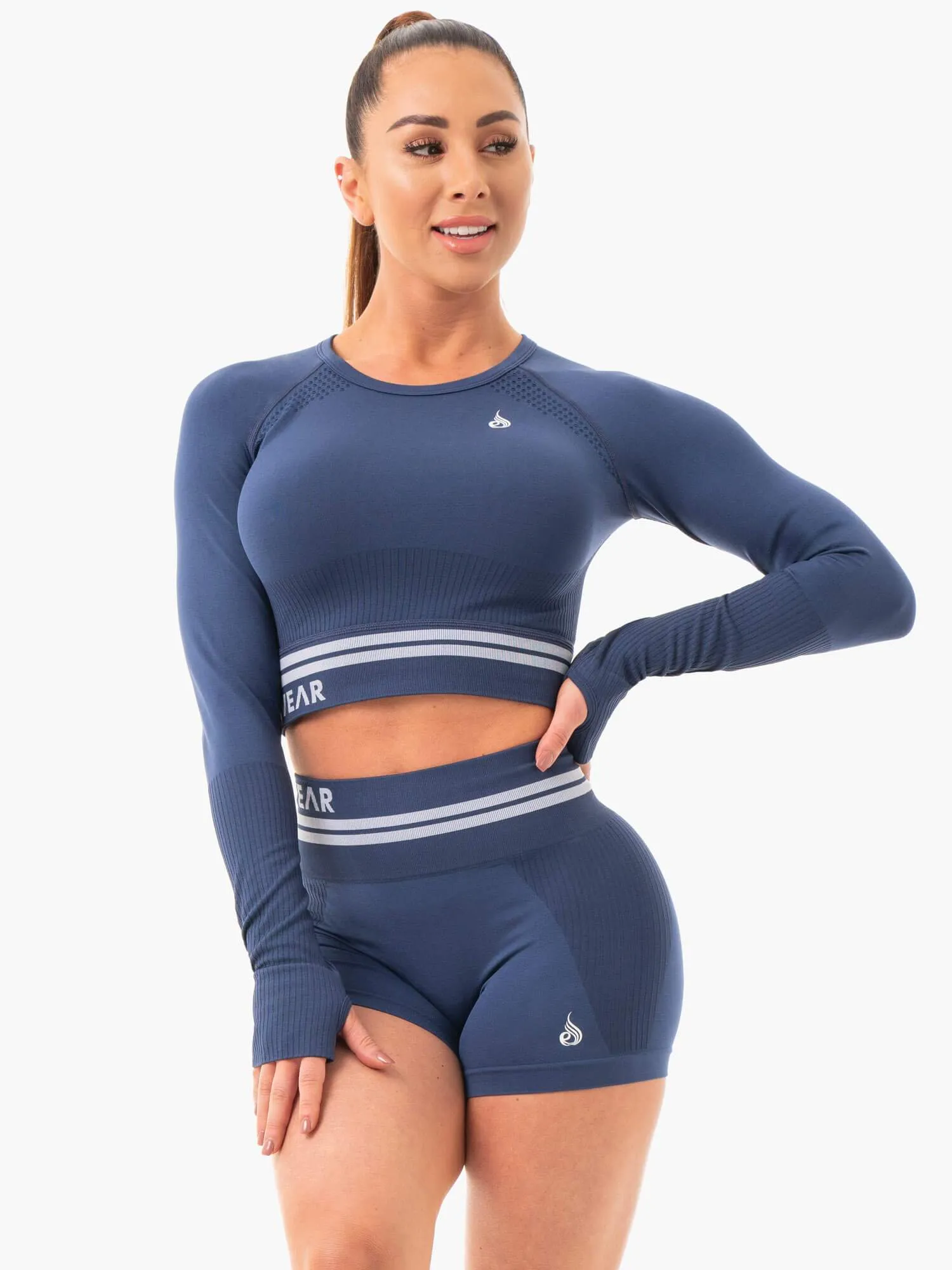 Freestyle Seamless Long Sleeve Crop - Steel Blue Noise Reducing Fabric Treatment Comfort Cushion Neckline