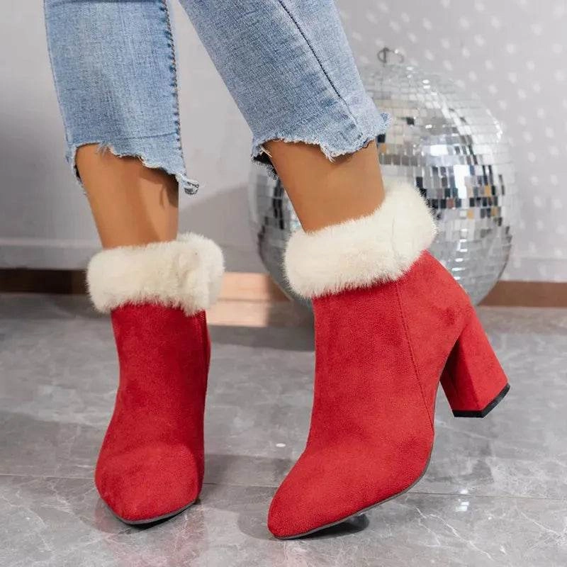 Snow Trekking Winter Boots New Plaid Print Plush Ankle Boots Winter Fashion Square Heel Suede Boots Women Casual Versatile Shoes Autumn And Winter