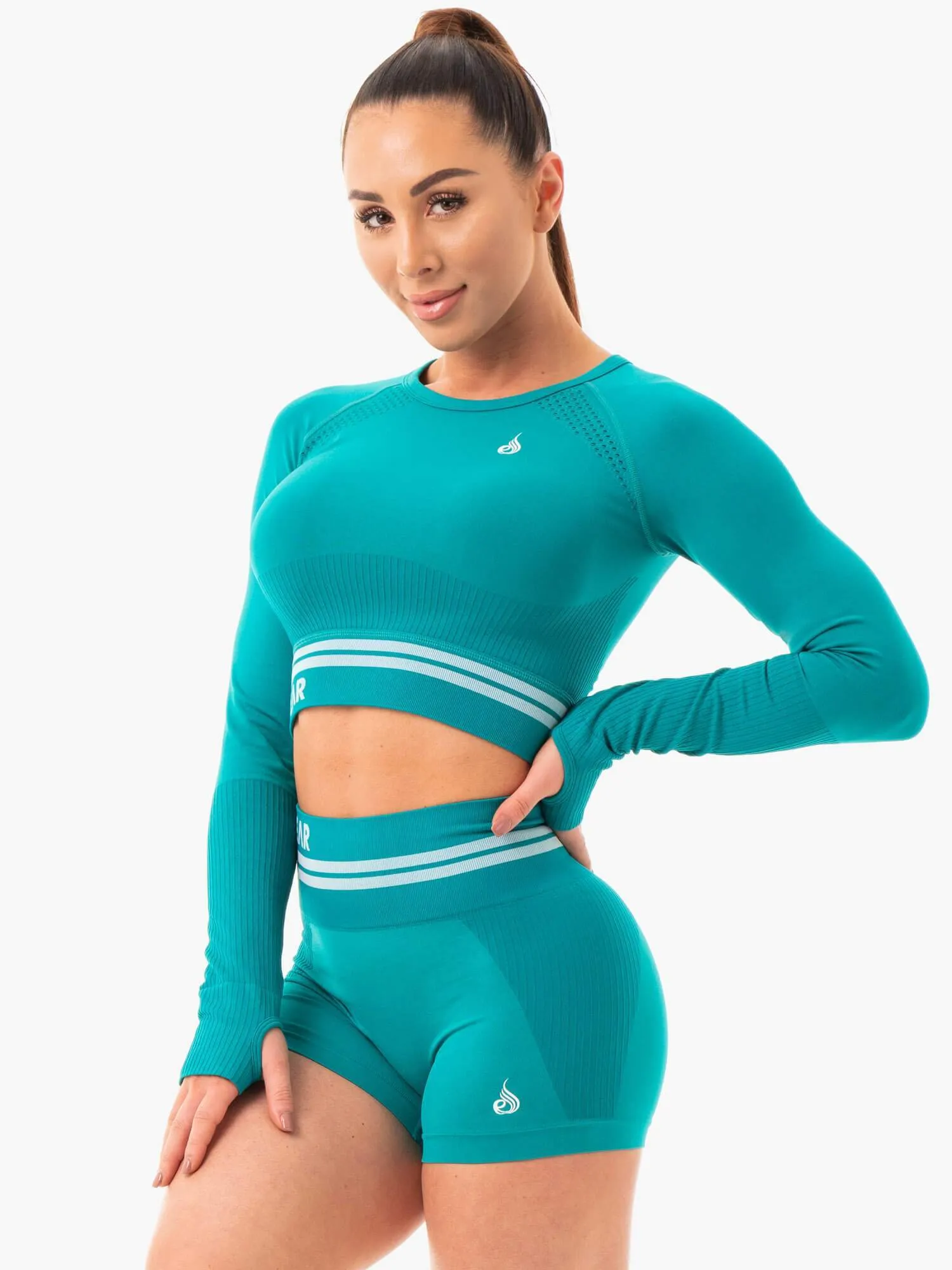 WrinkleFree Finish Freestyle Seamless Long Sleeve Crop - Teal
