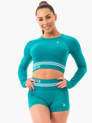 Freestyle Seamless Long Sleeve Crop - Teal Sporty Design Wrinkle Resistant Textile