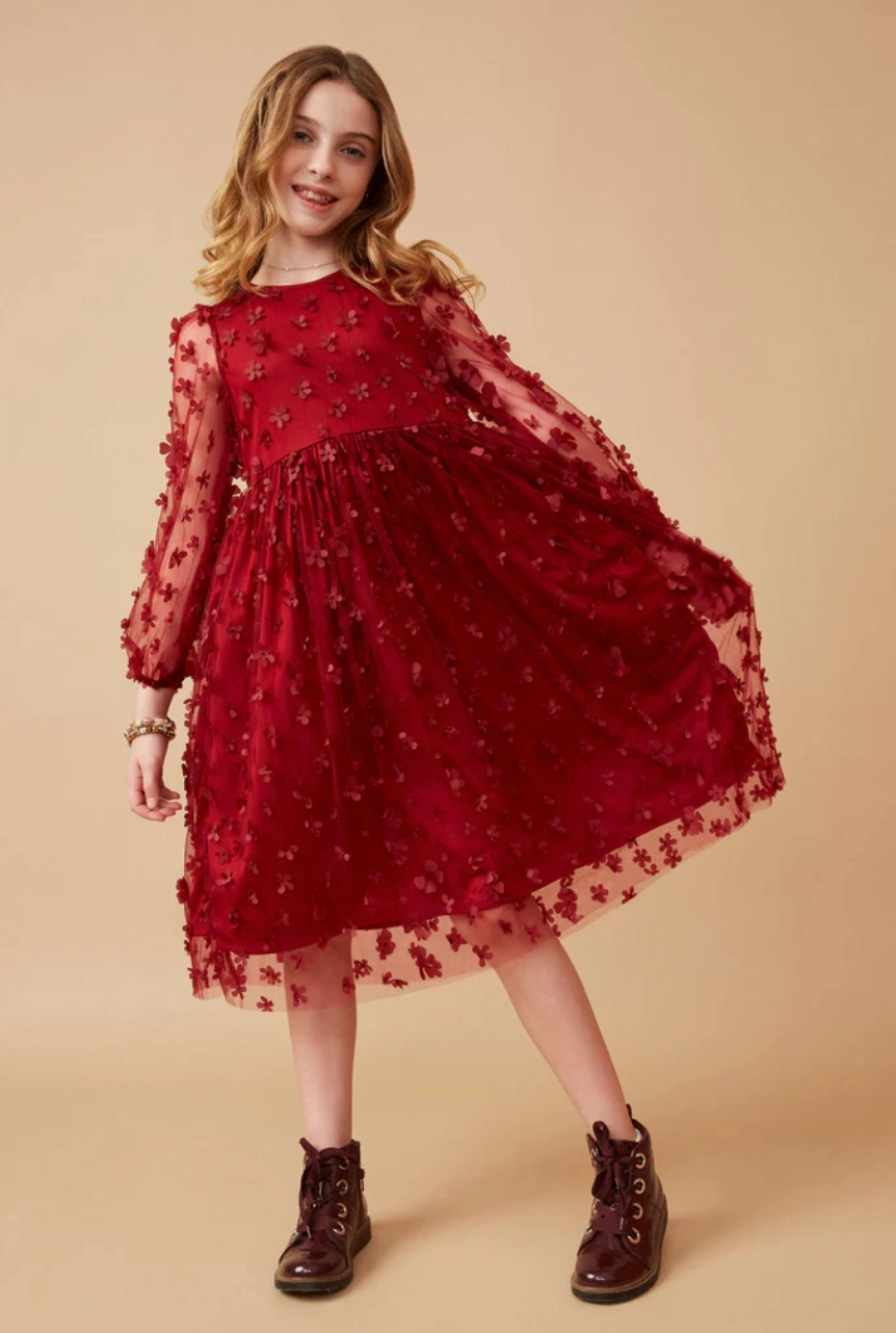 Girls Floral Applique Long Sleeve Mesh Dress- Burgundy Sleep - Wear