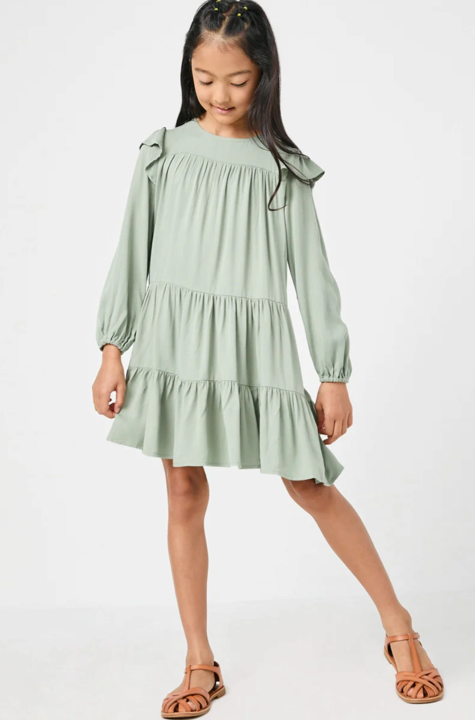 Small Girls Ruffled Shoulder Long Sleeve Dress- Olive