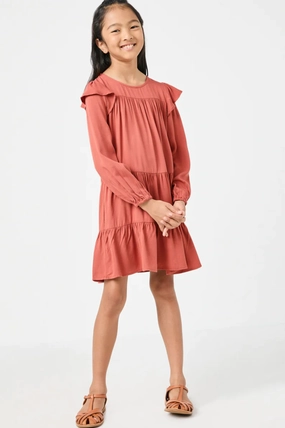 Girls Ruffled Shoulder Long Sleeve Dress- Rust Family gathering clothes for kids