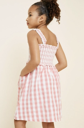 Girls Smocked Checkered Pocket Dress - Pink Wild