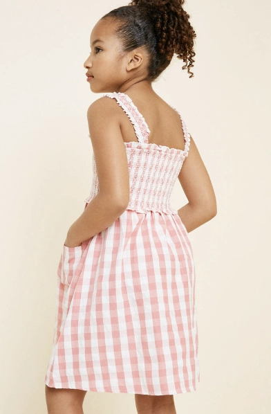 waterproof Girls Smocked Checkered Pocket Dress - Pink