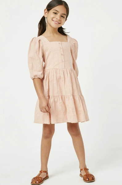 hypoallergenic Tie dyed kids' clothes Girls Square Neck Button Detail Tiered Dress - Blush