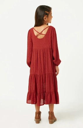 Cowboy wear for kids Silk Girls Swiss Dot Long Sleeve Tiered Cross Back Dress- Burgundy