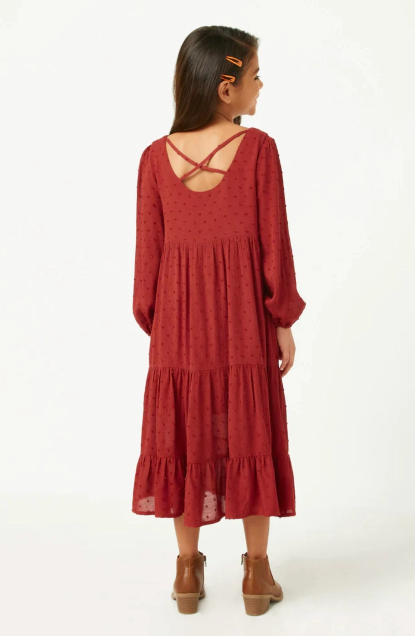 Cowboy wear for kids Silk Girls Swiss Dot Long Sleeve Tiered Cross Back Dress- Burgundy