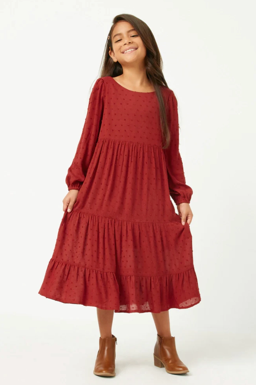 Breathable kids' wear Camping outfits for children Girls Swiss Dot Long Sleeve Tiered Cross Back Dress- Burgundy