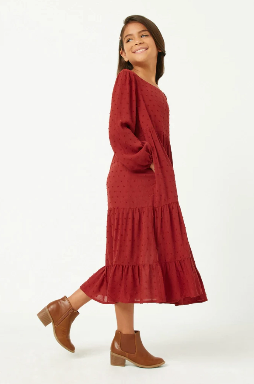 Girls Swiss Dot Long Sleeve Tiered Cross Back Dress- Burgundy Corduroy clothes for kids
