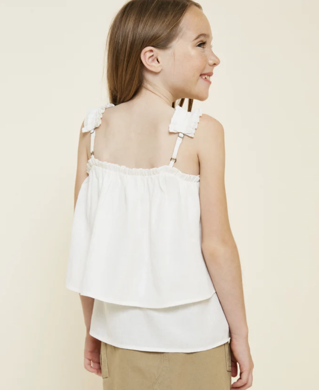 Matt Girls Tiered Pleated Strap Tank - Off White