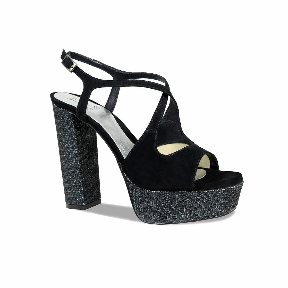 Royalty: Black Suede & Glitter Cushioned Straps Supportive Footbed